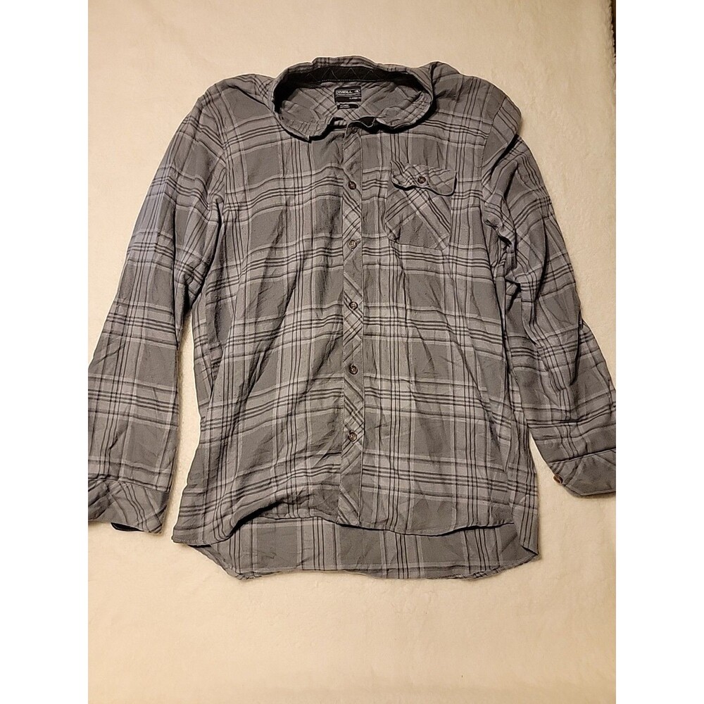 O'Neill Flannel Fleece Button Up Shirt Men's XL Classic Fit Plaid Black Gray